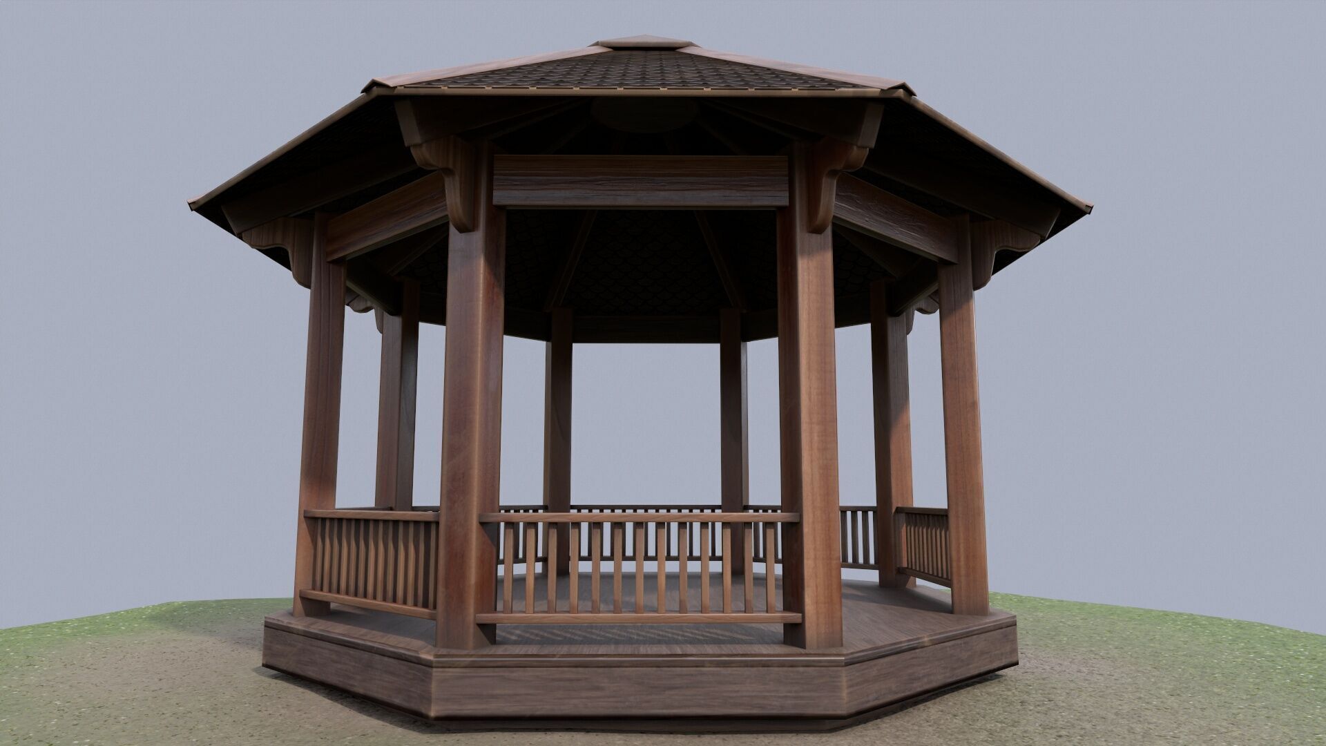 Wooden octagon gazebo house in garden Low-poly 3D model_5