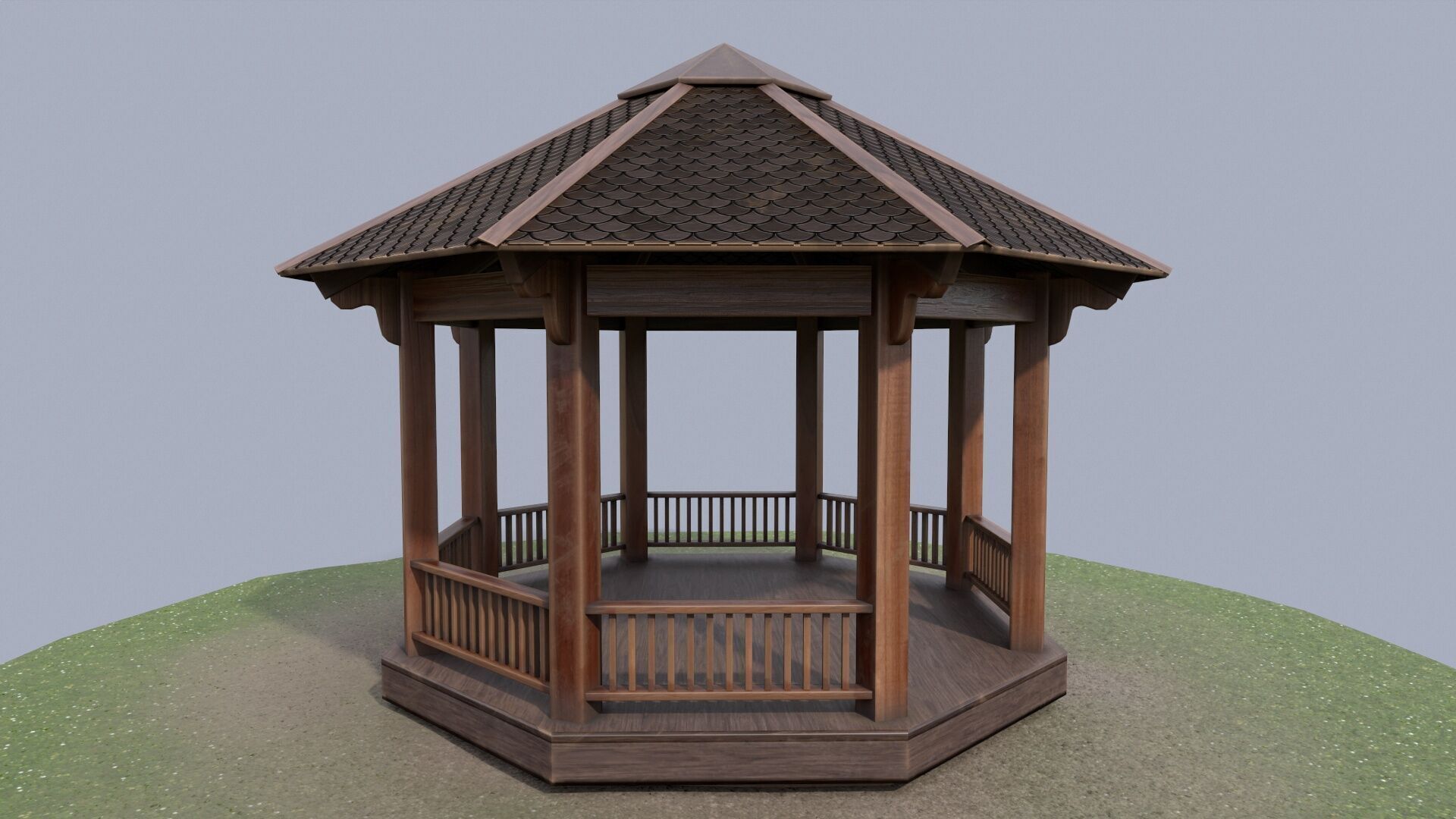 Wooden octagon gazebo house in garden Low-poly 3D model_2