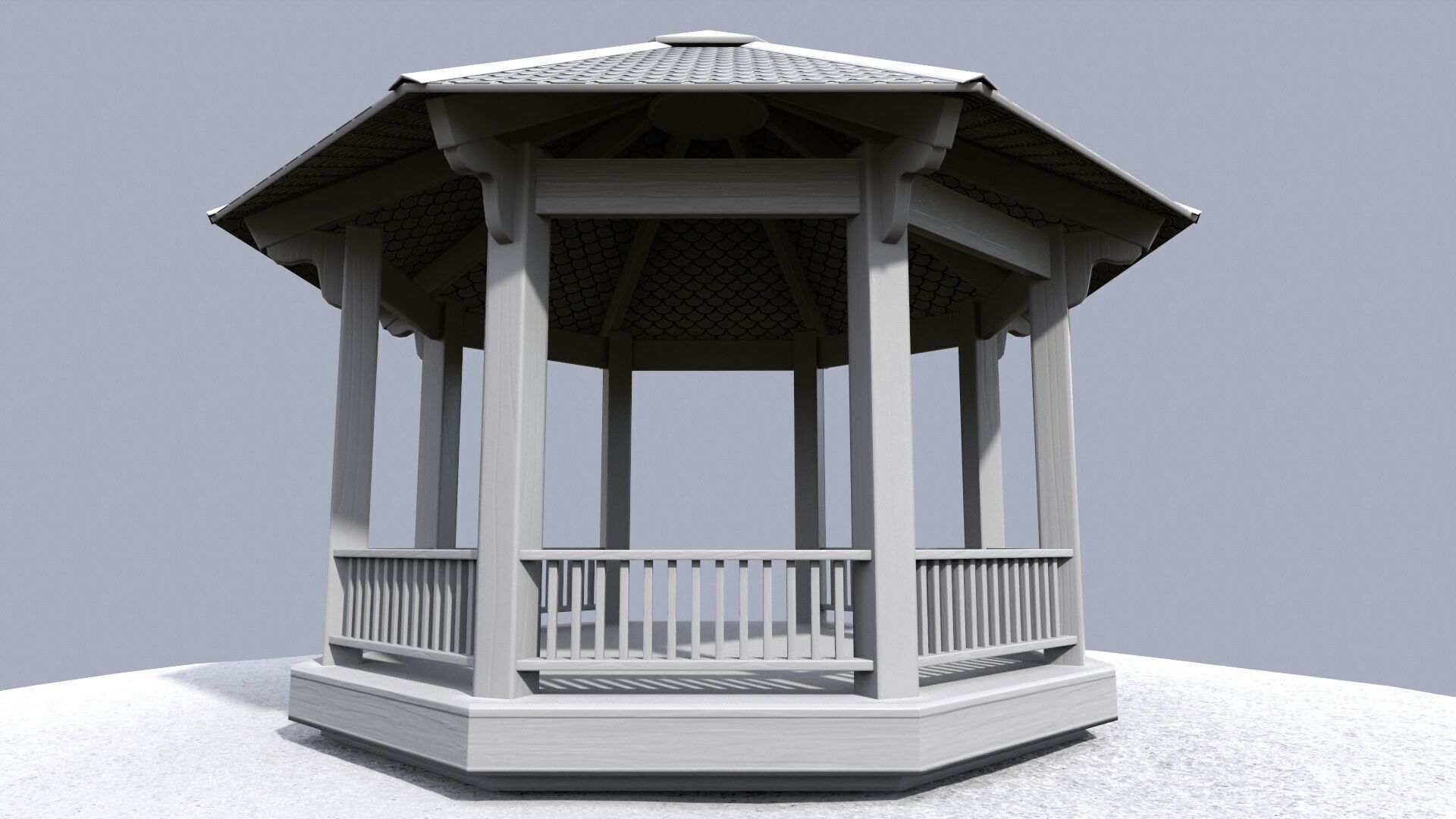 Wooden octagon gazebo house in garden Low-poly 3D model_15