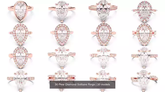 30 Pear Diamond Solitaire Rings 3D Model Collection