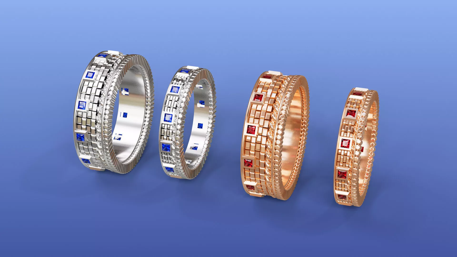 Princess Diamonds Couple Band Rings Wedding Band Engineered 3D print model