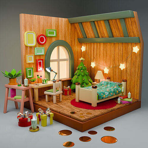 Winter Isometric Room  Cozy Stylized Scene for Blender Low-poly 3D model
