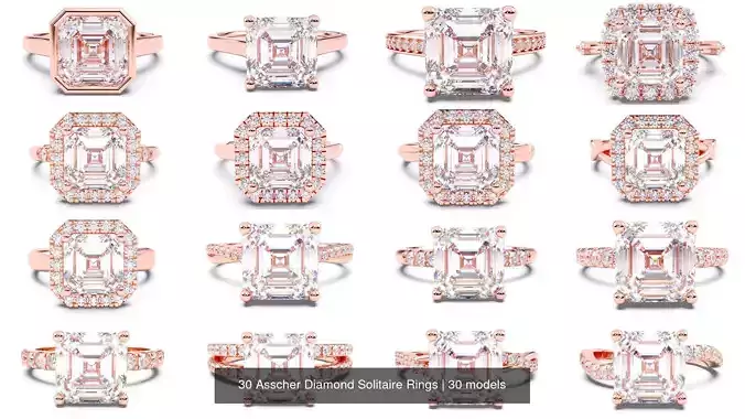 30 Asscher Diamond Solitaire Rings 3D Model Collection