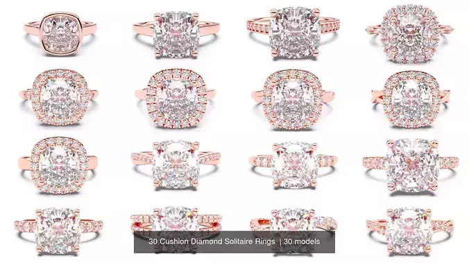 30 Cushion Diamond Solitaire Rings  3D Model Collection