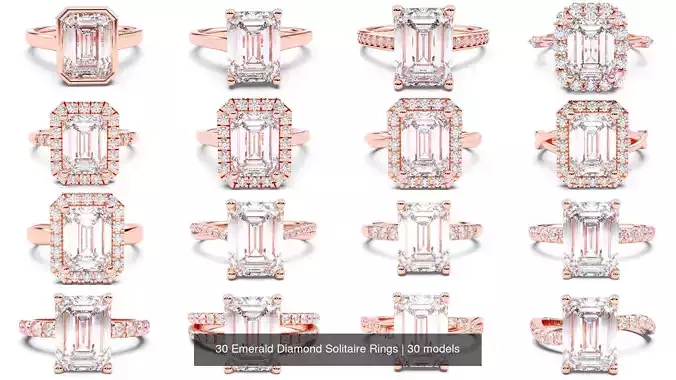  30 Emerald Diamond Solitaire Rings 3D Model Collection