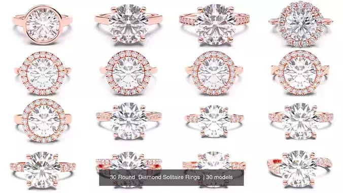 30 Round  Diamond Solitaire Rings  3D Model Collection