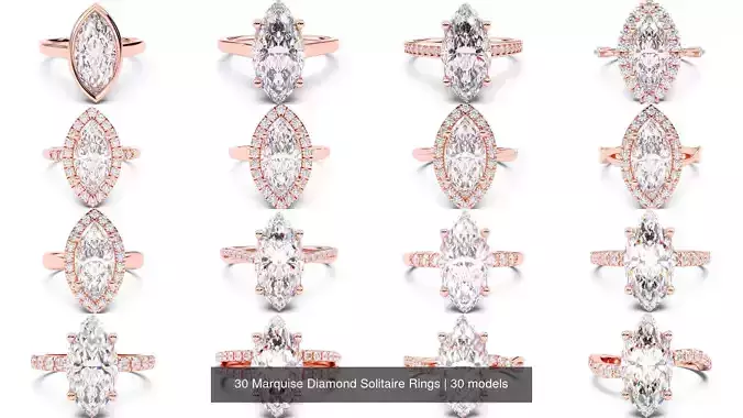 30 Marquise Diamond Solitaire Rings 3D Model Collection