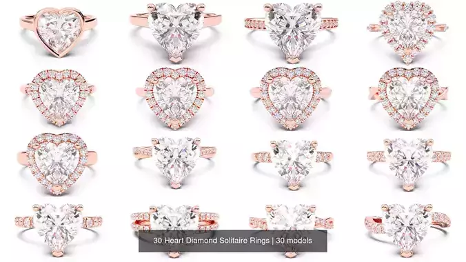30 Heart Diamond Solitaire Rings 3D Model Collection