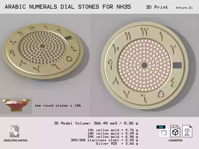 Arabic numerals dial with stones for NH35 3D print model