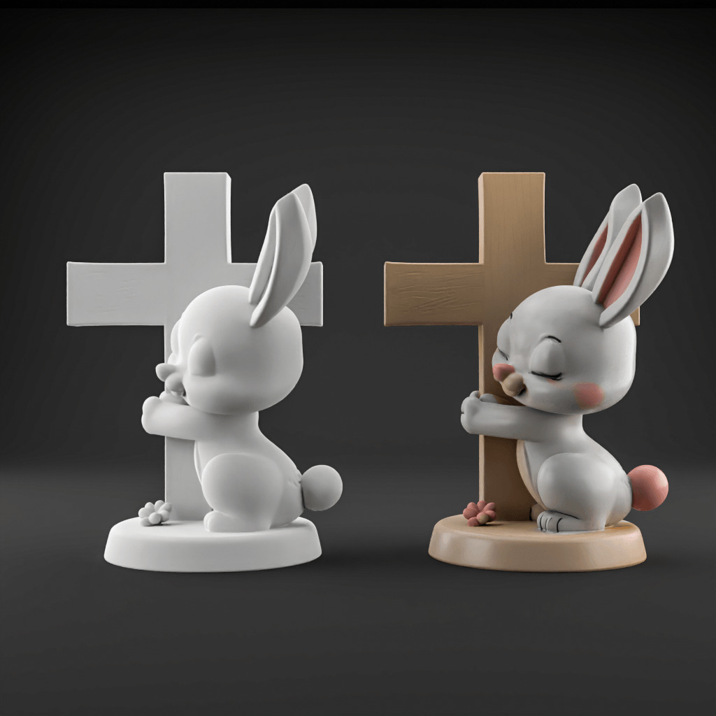 Easter Cute Bunny Hugging a Cross playful symbolic 1 3D print model_1