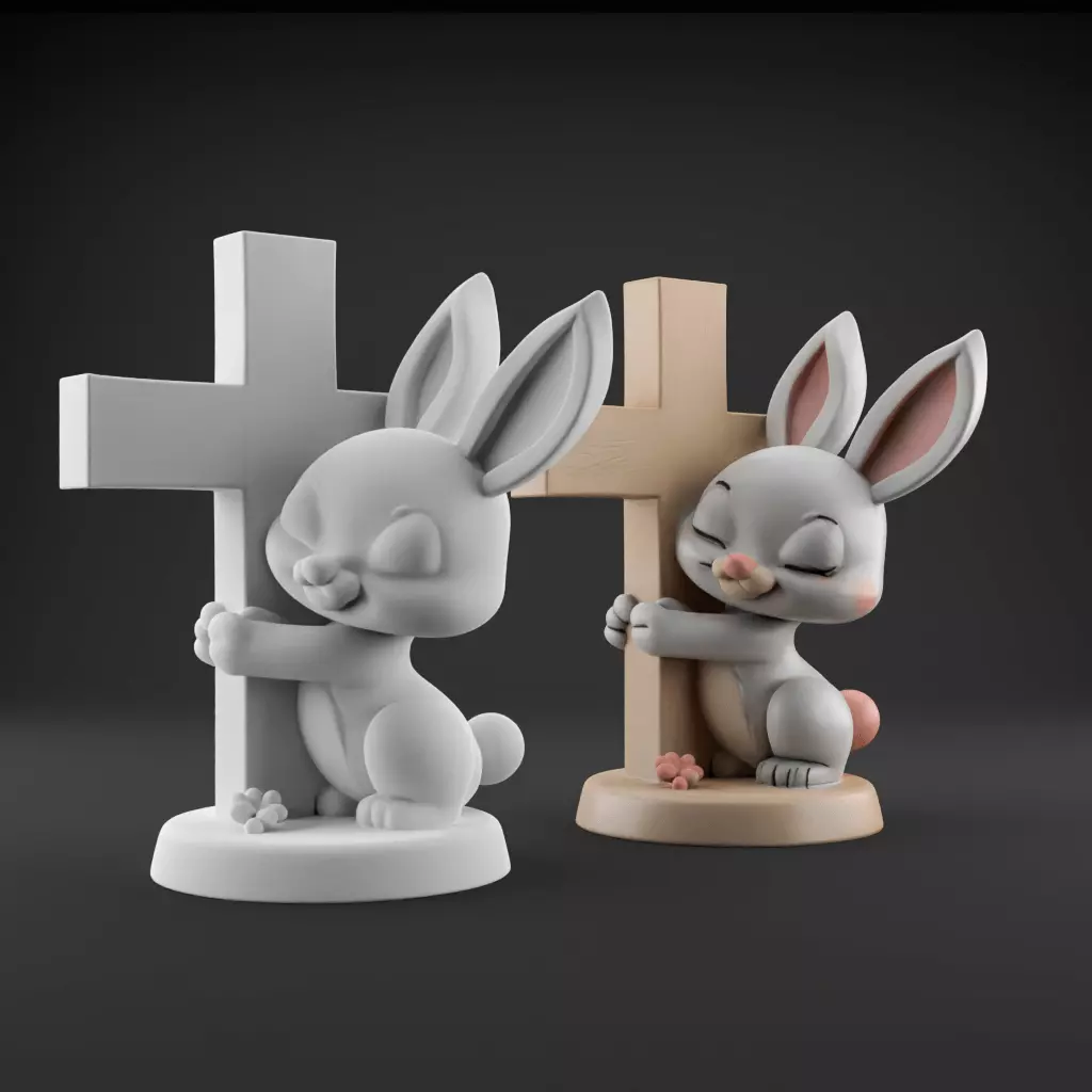 Easter Cute Bunny Hugging a Cross playful symbolic 1 3D print model_0