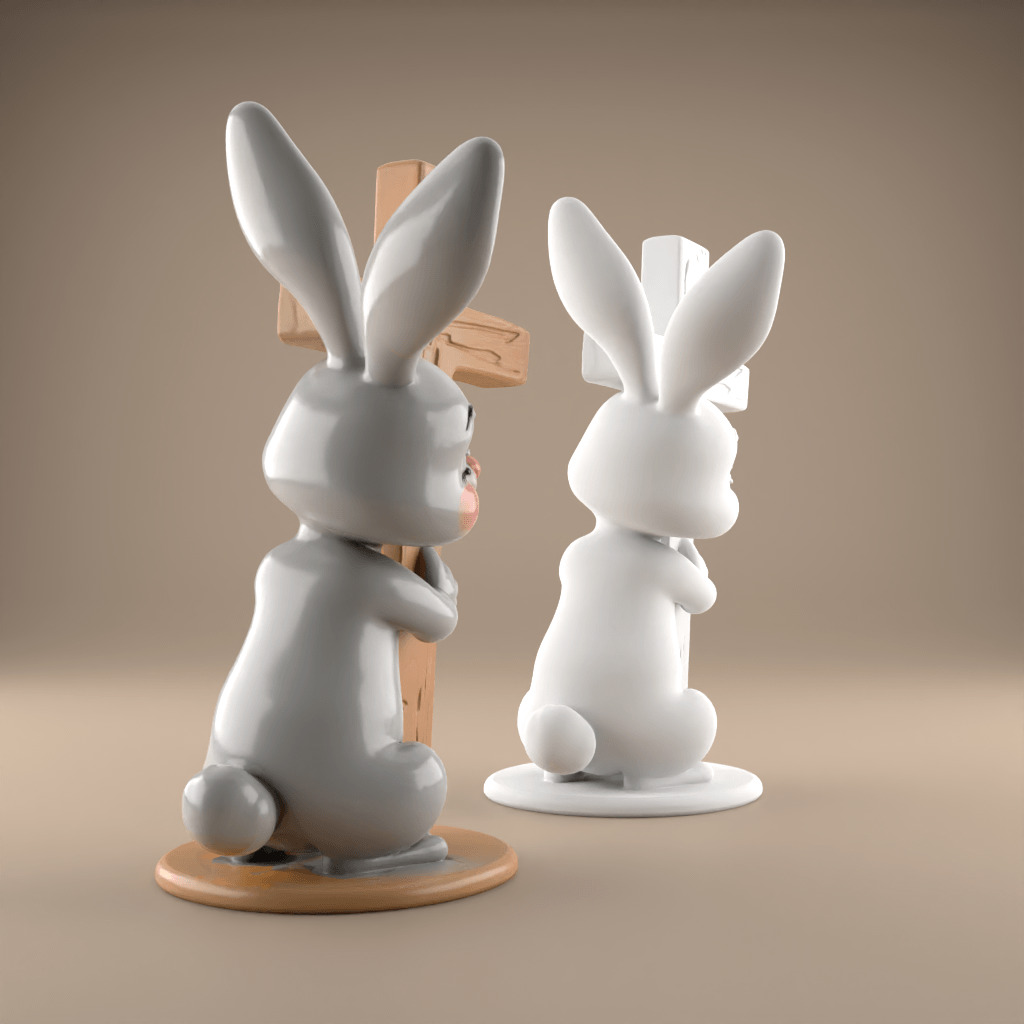Easter Cute Bunny Hugging a Cross playful symbolic 2 3D print model_2