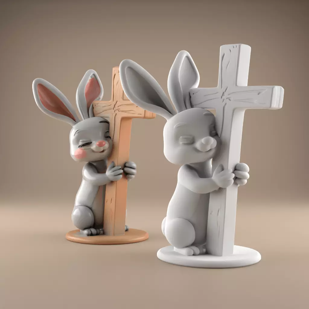 Easter Cute Bunny Hugging a Cross playful symbolic 2 3D print model_0