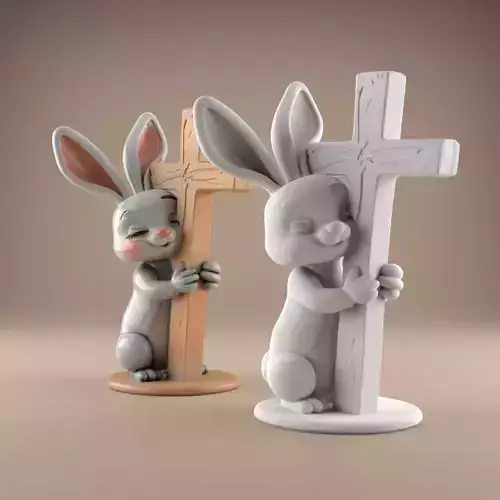 Easter Cute Bunny Hugging a Cross  playful  symbolic 2 3D print model