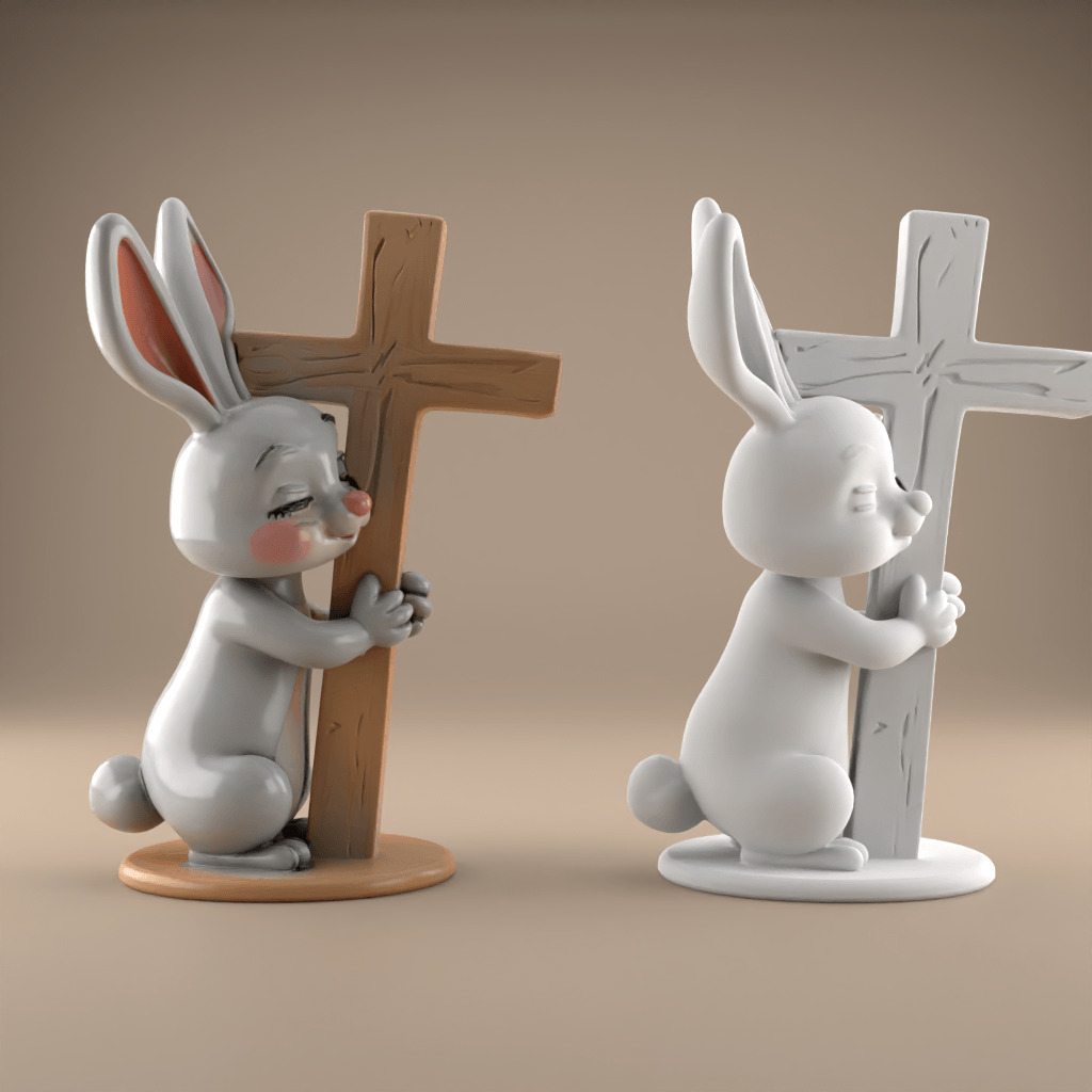 Easter Cute Bunny Hugging a Cross playful symbolic 2 3D print model_1
