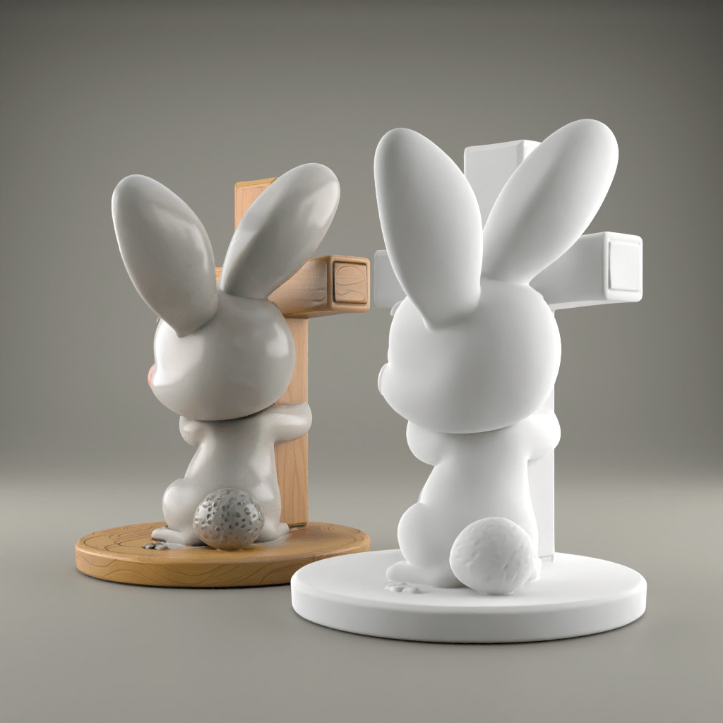 Easter Cute Bunny Hugging a Cross playful symbolic 3 3D print model_2