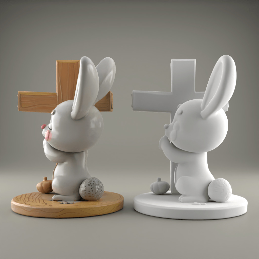 Easter Cute Bunny Hugging a Cross playful symbolic 3 3D print model_1