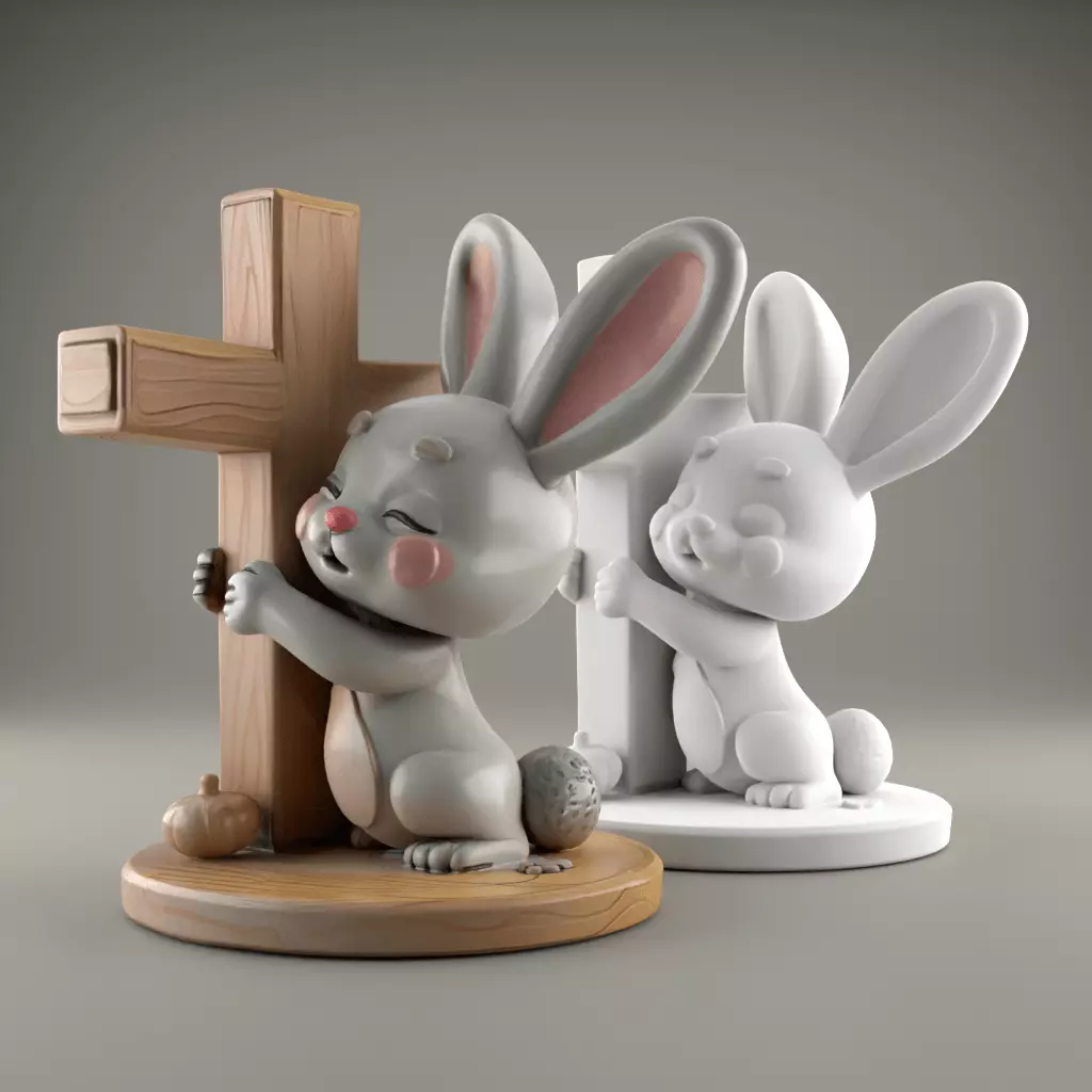 Easter Cute Bunny Hugging a Cross playful symbolic 3 3D print model_0