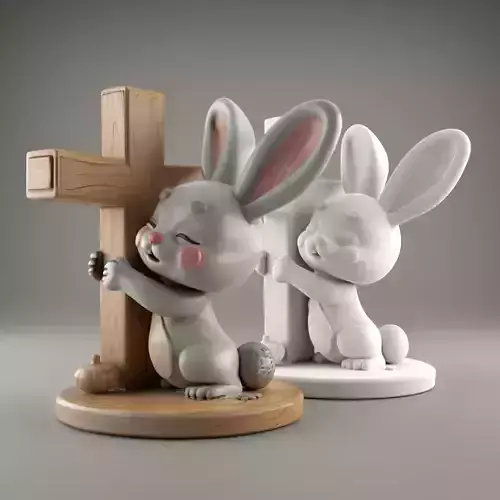 Easter Cute Bunny Hugging a Cross  playful  symbolic 3 3D print model