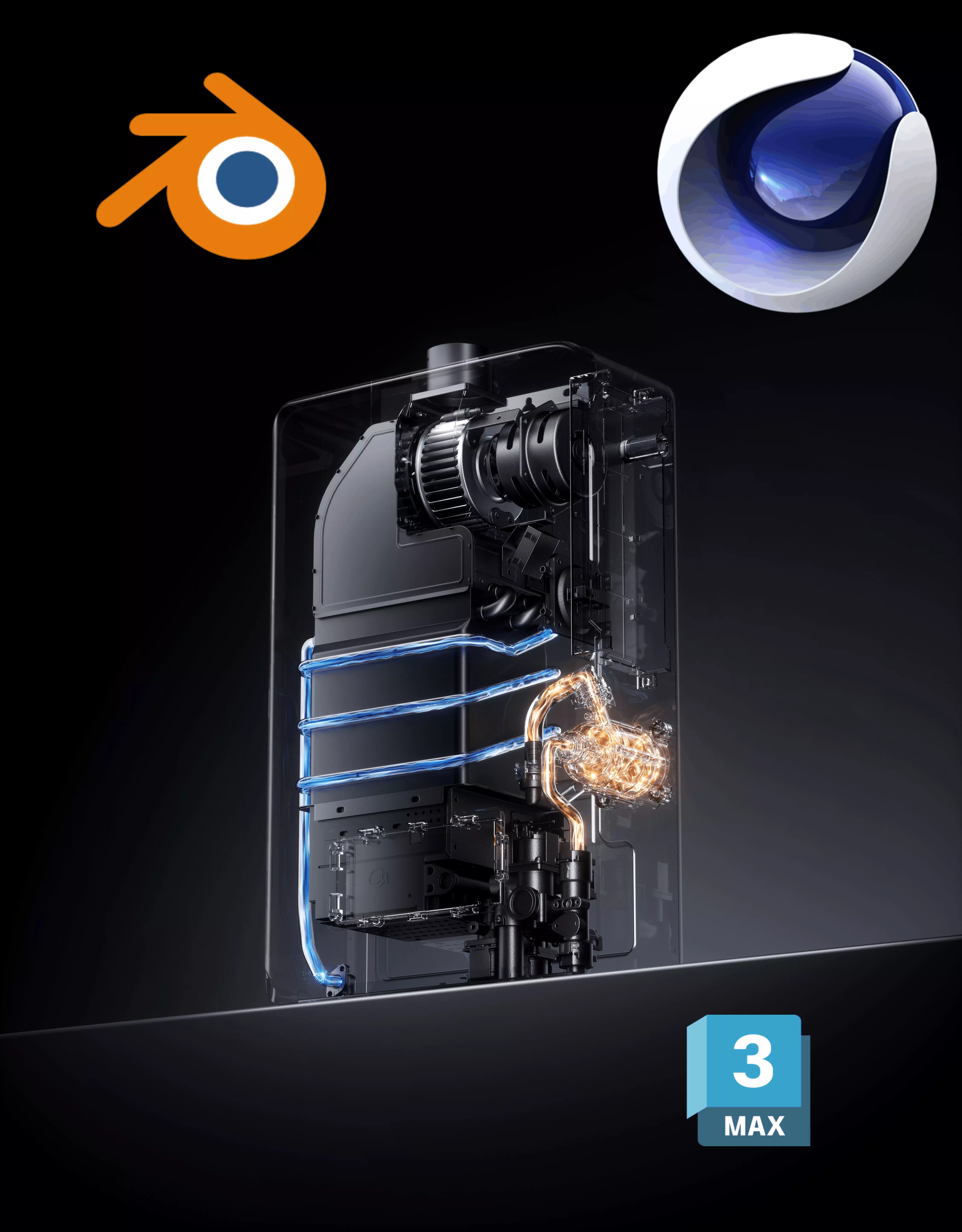 transparent cutaway  of a modern water heater Low-poly 3D model_0