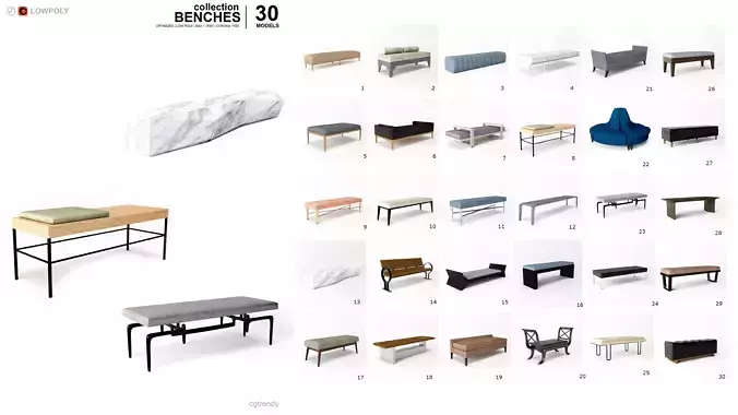 Benches Pack - 30 Models Low-poly 3D model