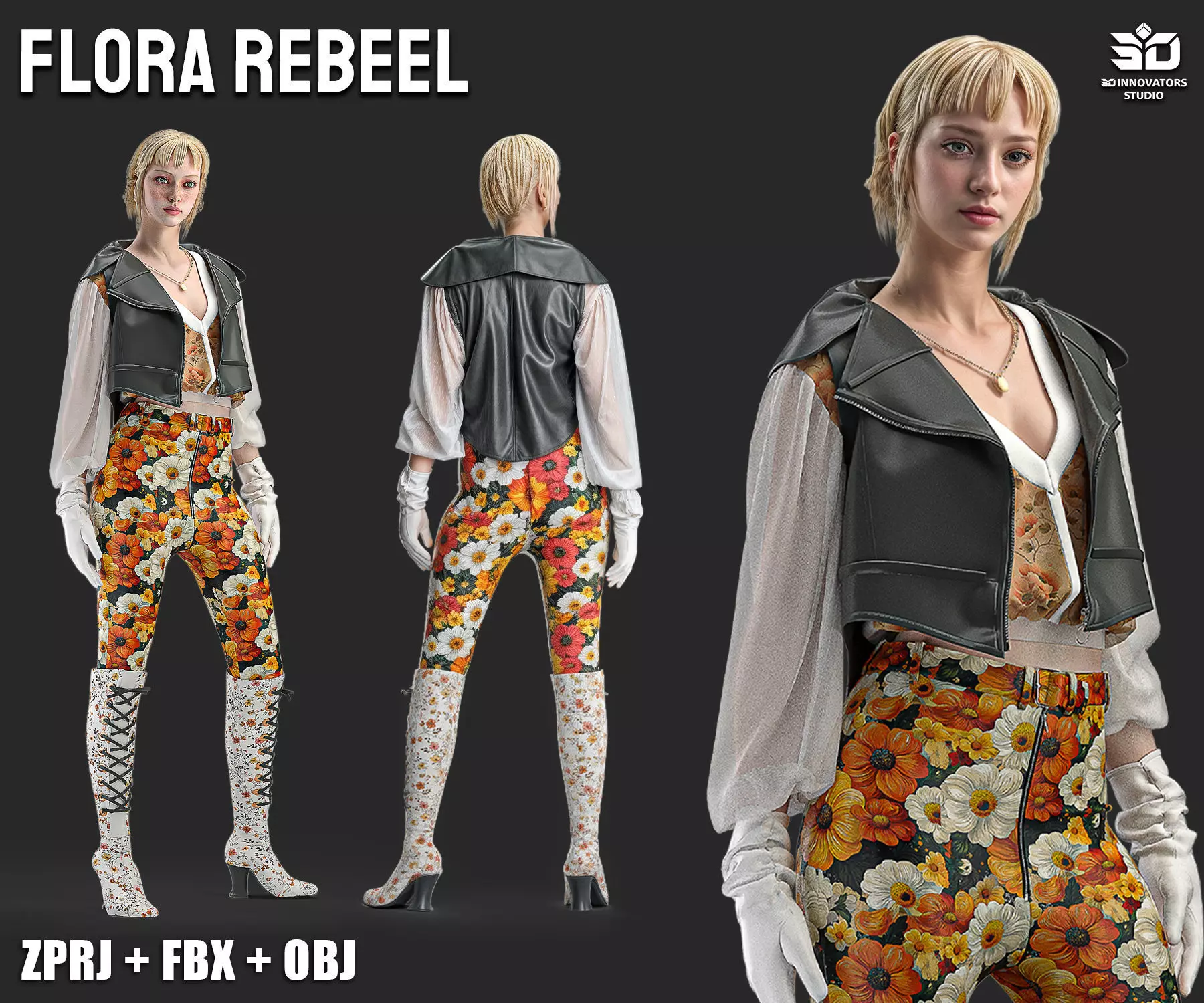 Flora Rebel  3D Fashion Outfit for Female Characters 3D model_0
