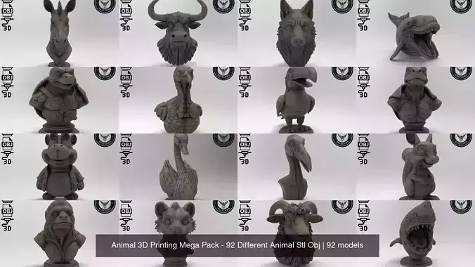 Animal 3D Printing Mega Pack - 92 Different Animal Stl Obj 3D Model Collection