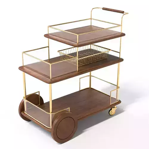 Modern luxe bar cart with gold frame and wooden shelves