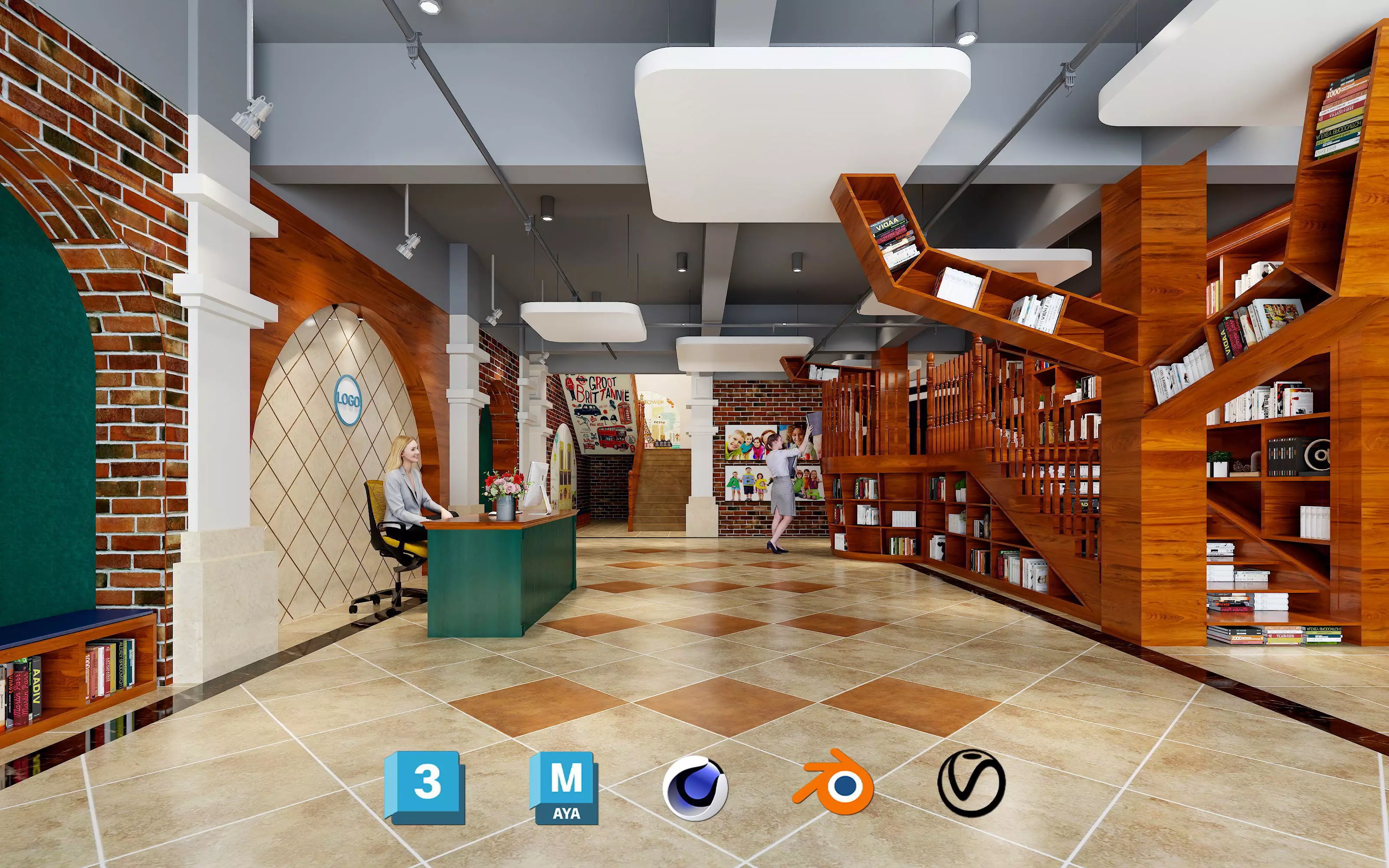 library for children books - book store - Kindergarten Hall Low-poly 3D model