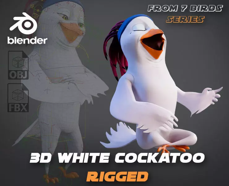 Chibi Cockatoo - 3D White - Rigged Cartoon Bird Low-poly 3D model_0