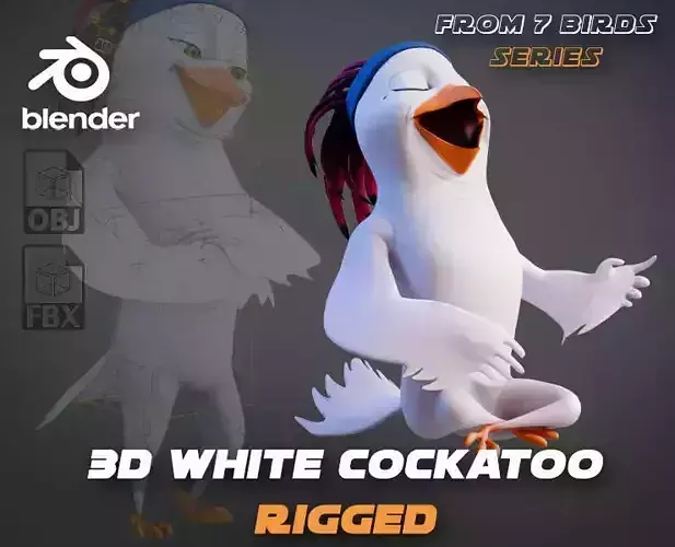 Chibi Cockatoo - 3D White - Rigged Cartoon Bird Low-poly 3D model