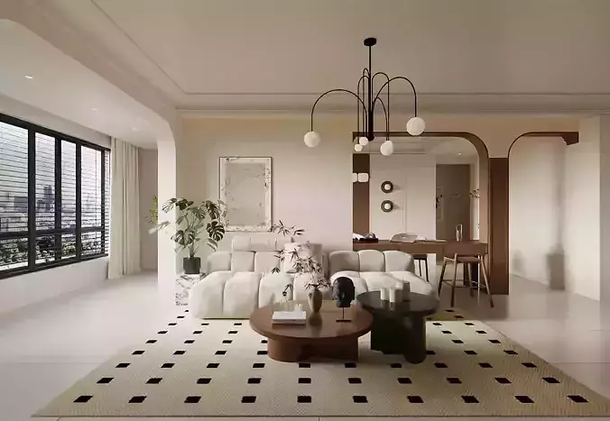 French-style mid-century modern living room 3D model