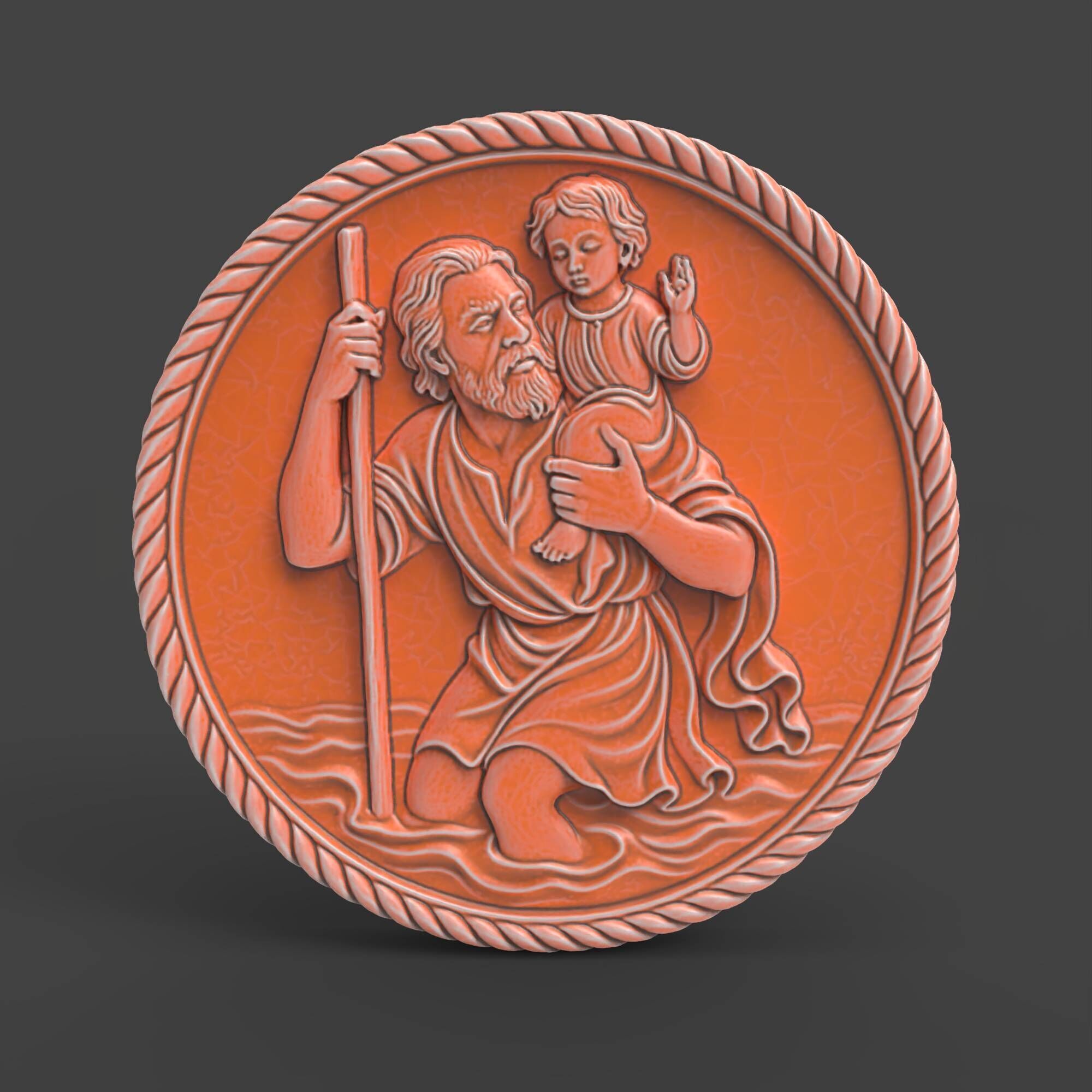 Saint Christopher Medallion Religious Plaque Relief Coin 3D print model_8