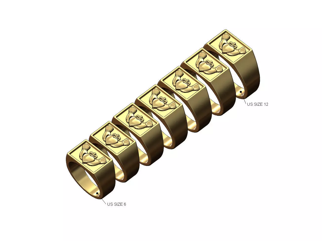Claddagh heart crown rectangular signet ring US sizes 6to12 3D print model_0