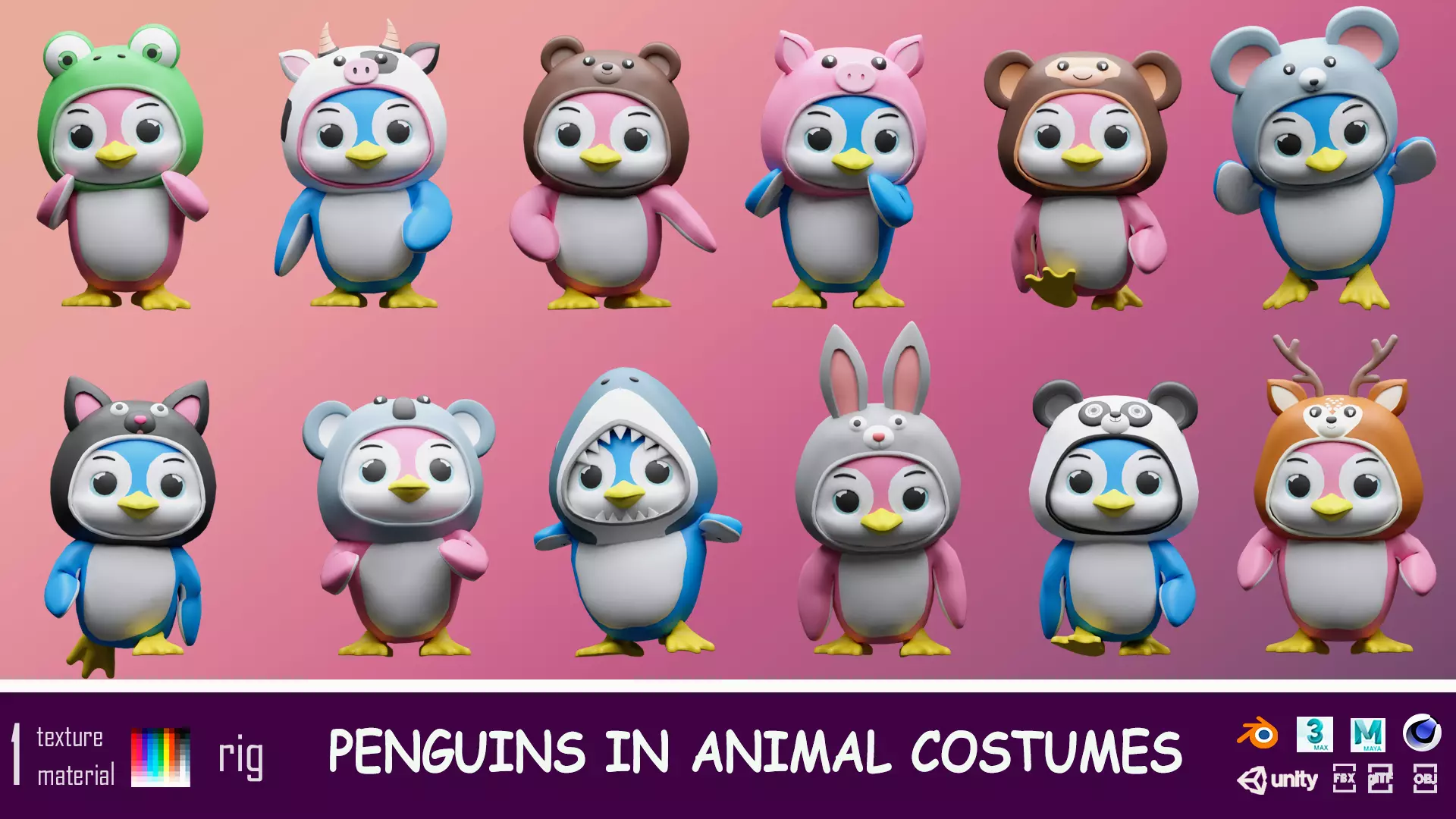 Cartoon penguins in animal costumes Low-poly 3D model