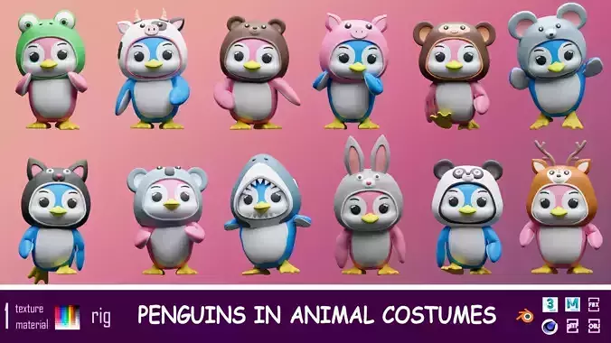 Cartoon penguins in animal costumes