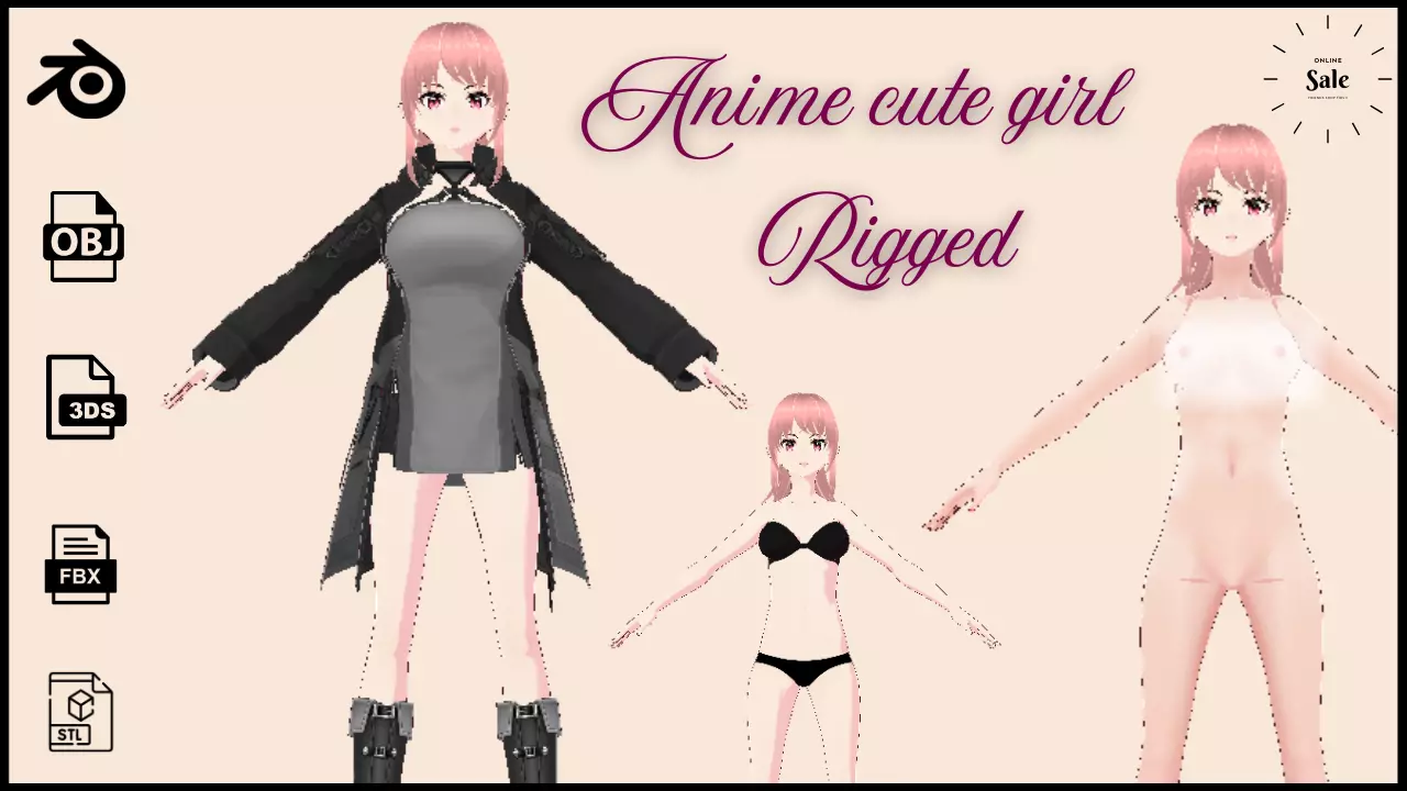 Anime Cute Girl 3D Model  Stylized Female Character 3D model_0