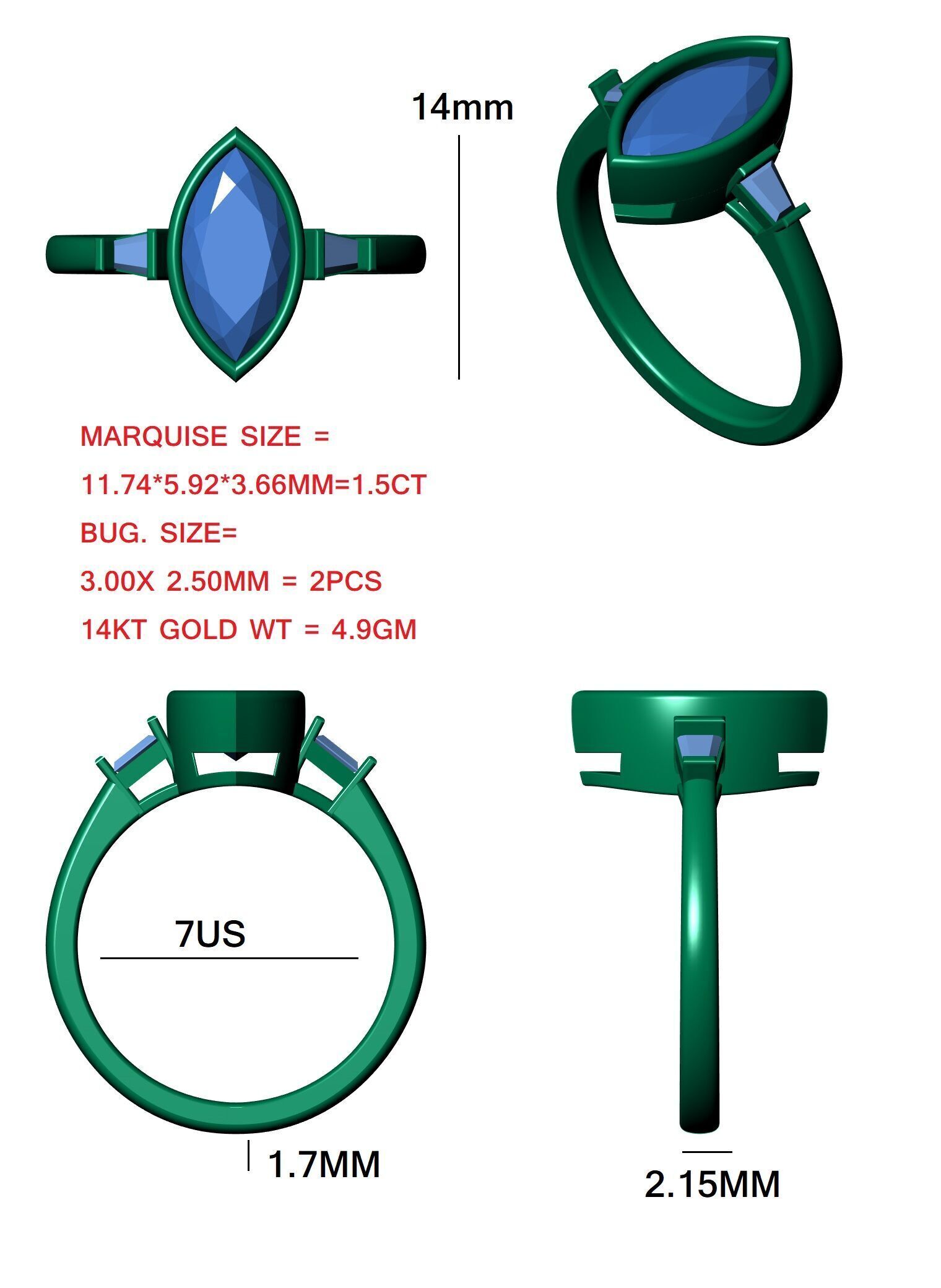 Marquise Diamond Bezel Setting Solitaire Diamond Ring 3D print model_12