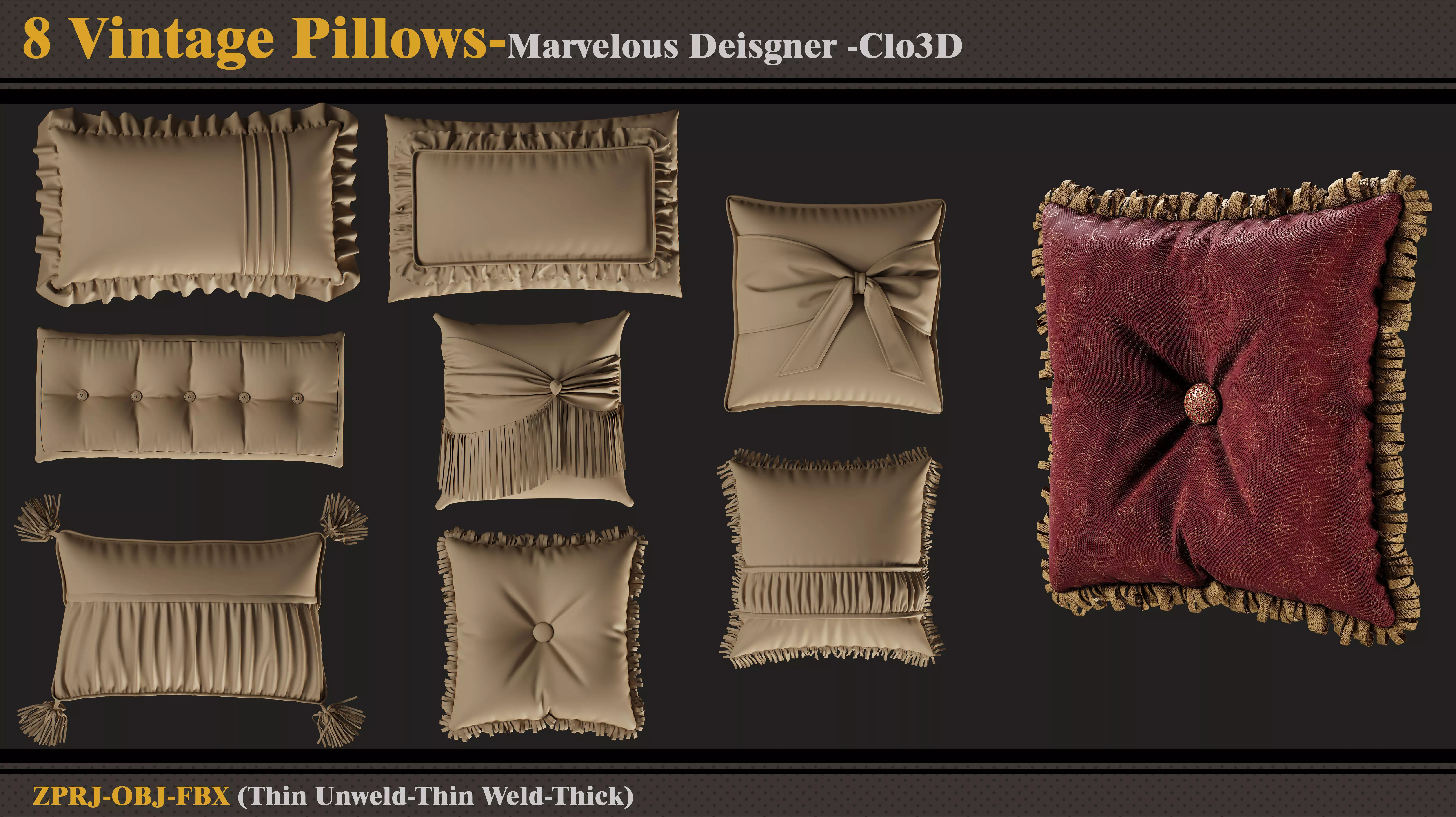 8 Vintage Pillows-Marvelous Designer-Clo3D-ZPRJ-FBX-OBJ 3D model