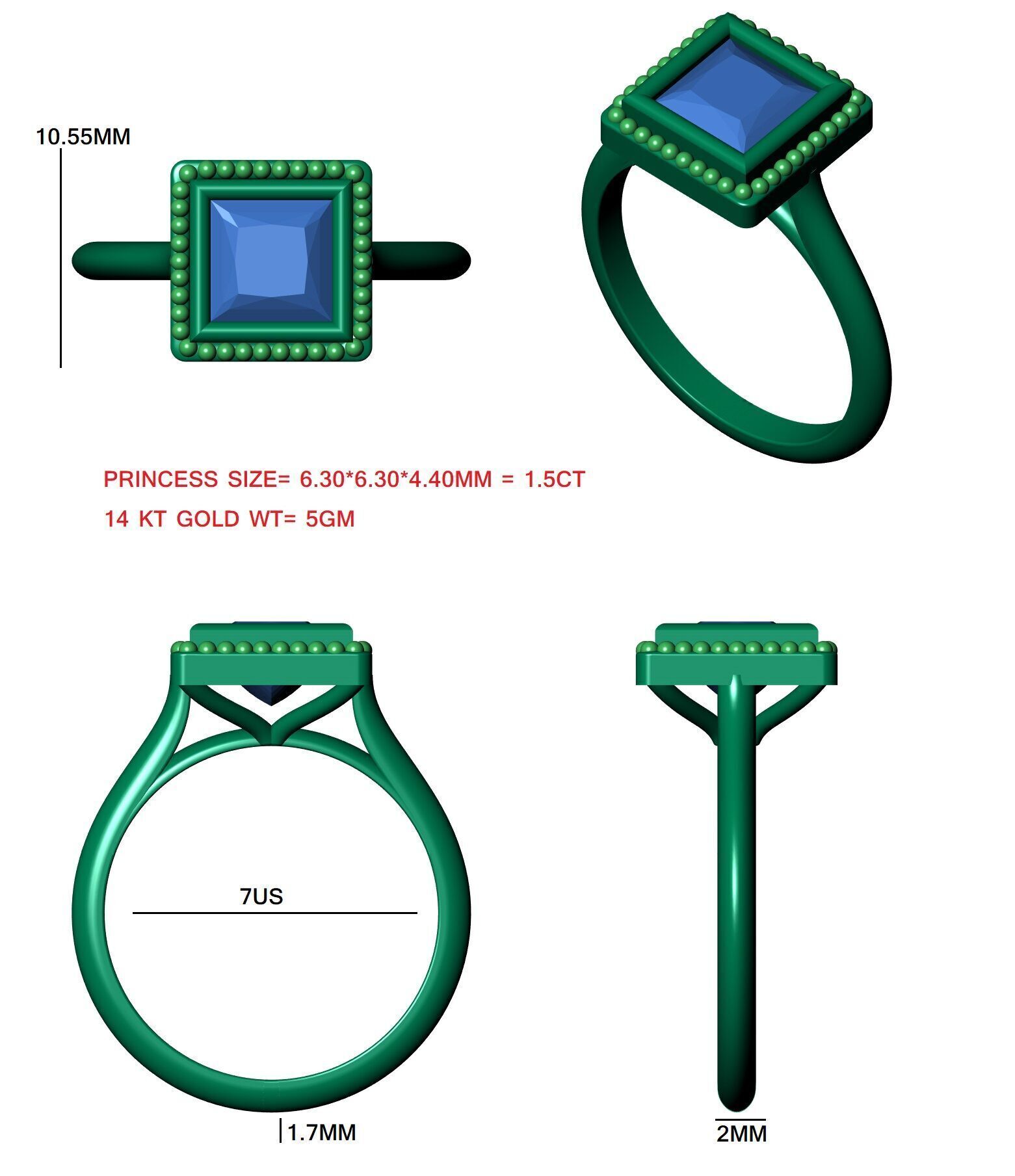 Princess Diamond Bezel Setting Solitaire Diamond Ring 3D print model_12