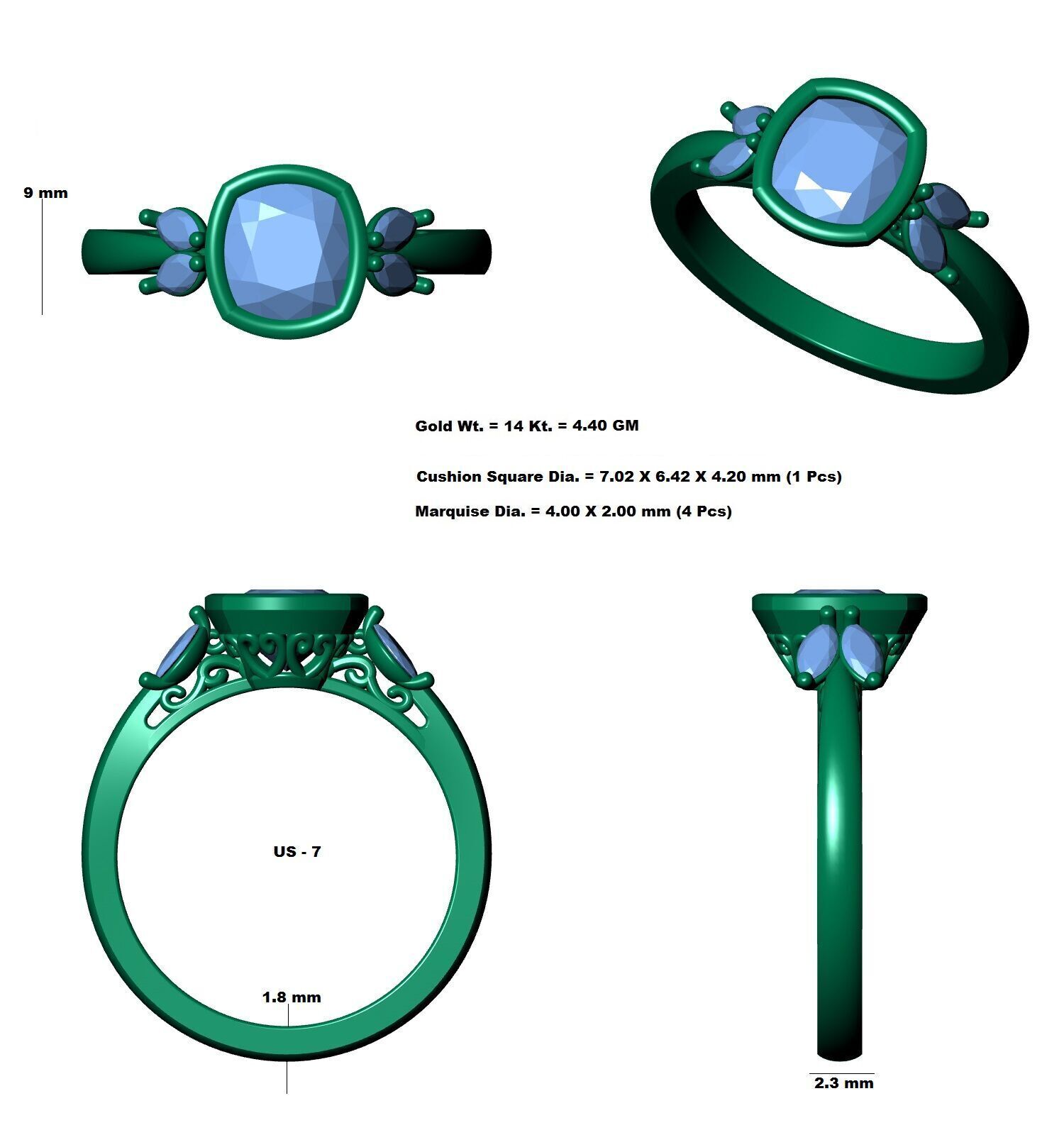 Cushion Diamond Bezel Setting Solitaire Diamond Ring 3D print model_13