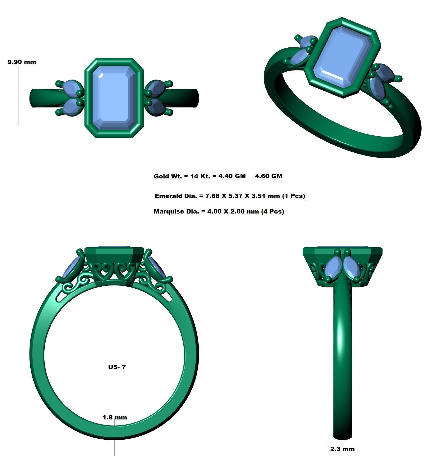 Emerald Diamond Bezel Setting Solitaire Diamond Ring 3D print model_11