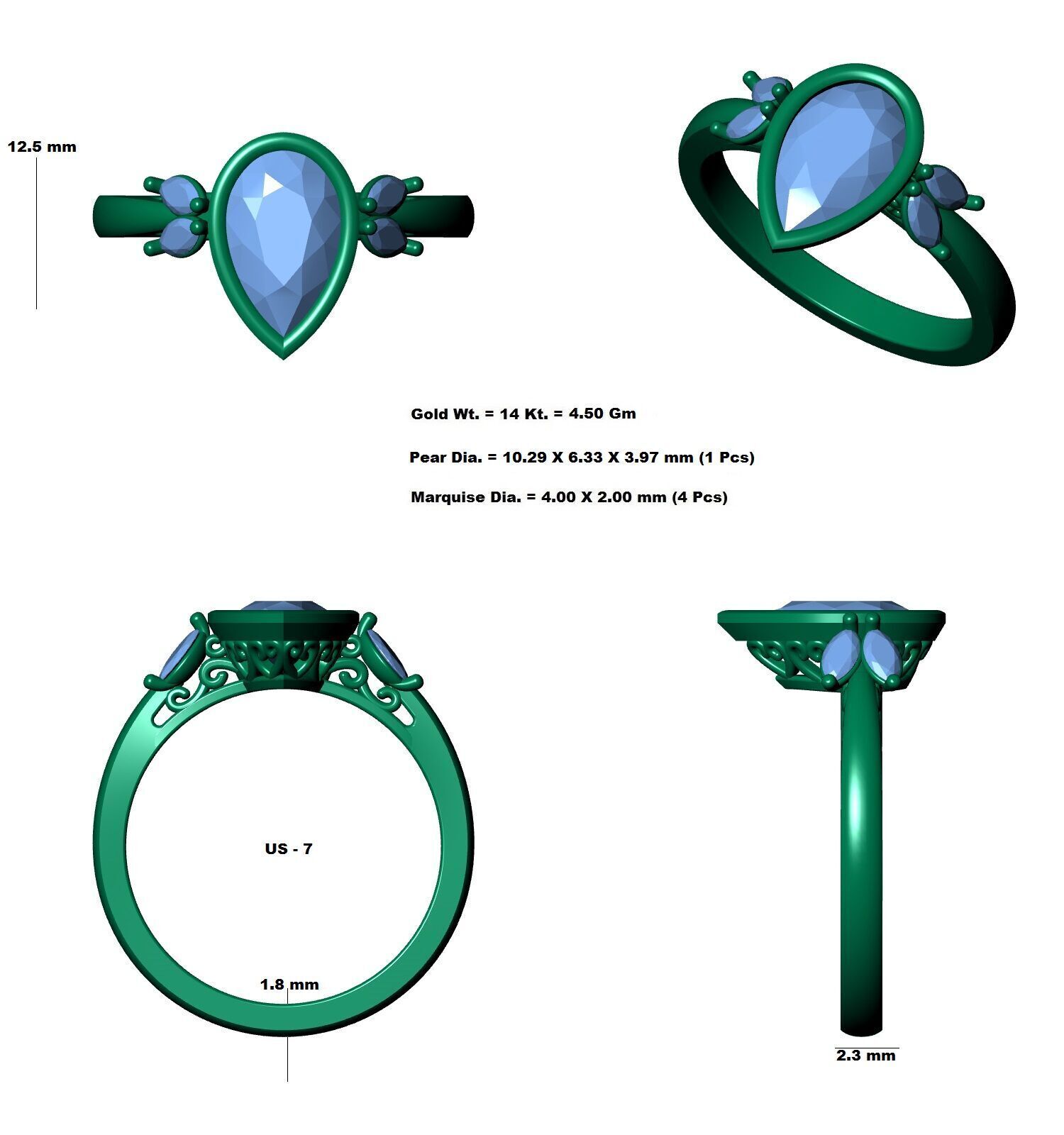 Pear Diamond Bezel Setting Solitaire Diamond Ring 3D print model_12