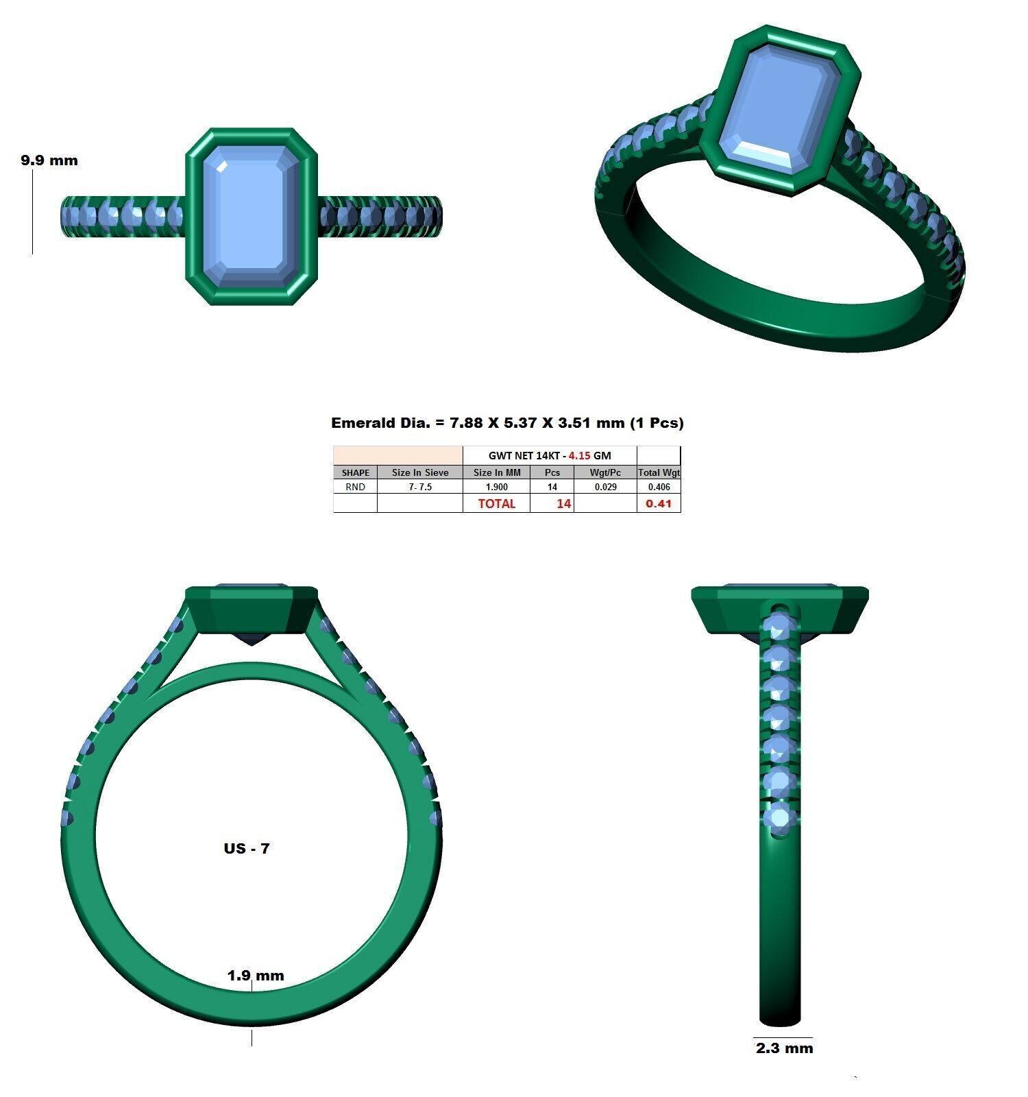 Emerald Diamond Bezel Setting Solitaire Diamond Ring 3D print model_12