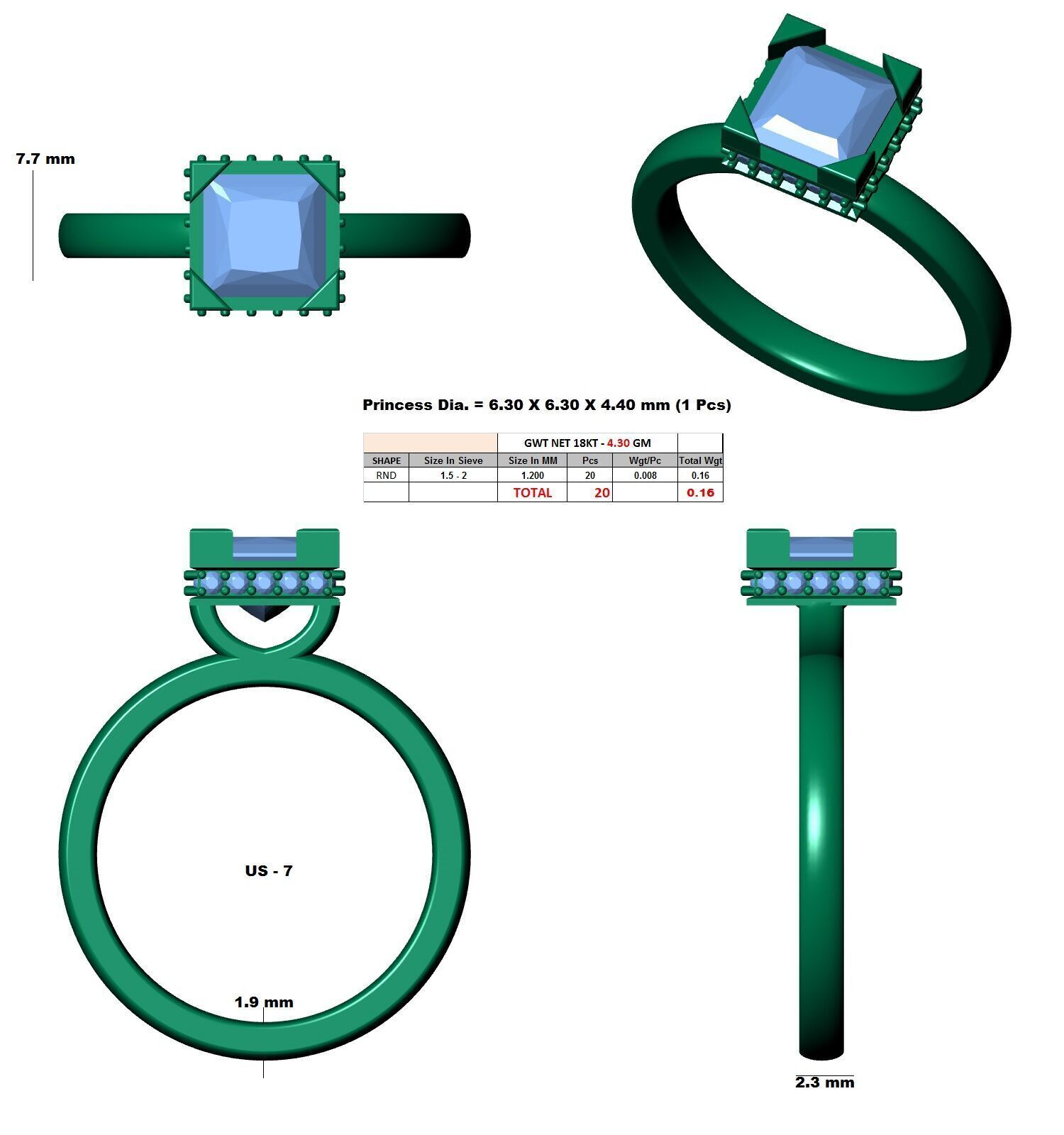 Princess Diamond Bezel Setting Solitaire Diamond Ring 3D print model_12