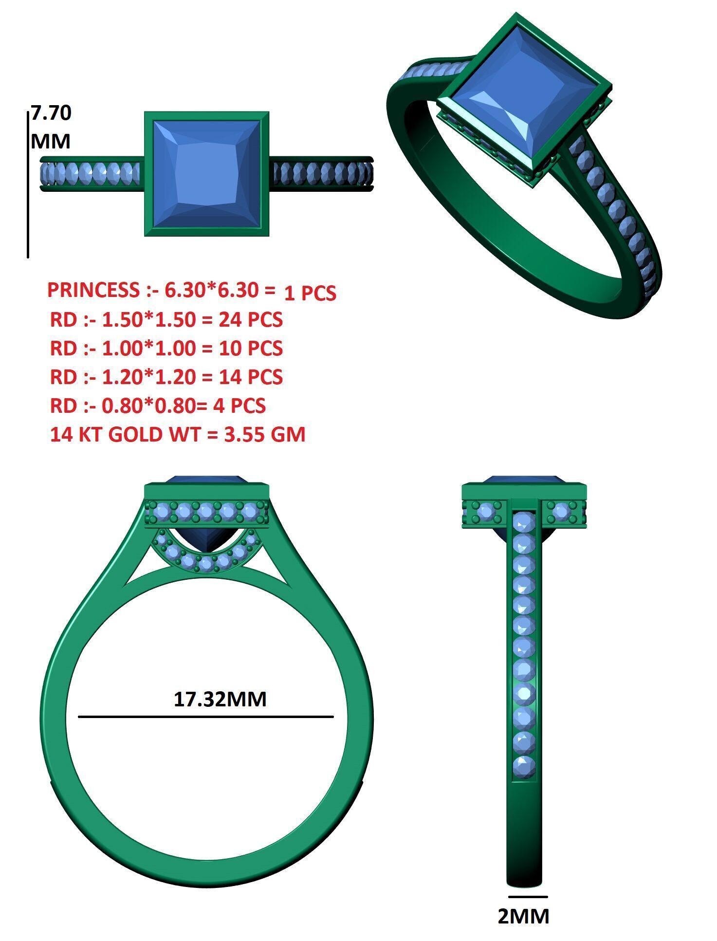 Princess Diamond Bezel Setting Solitaire Diamond Ring 3D print model_12