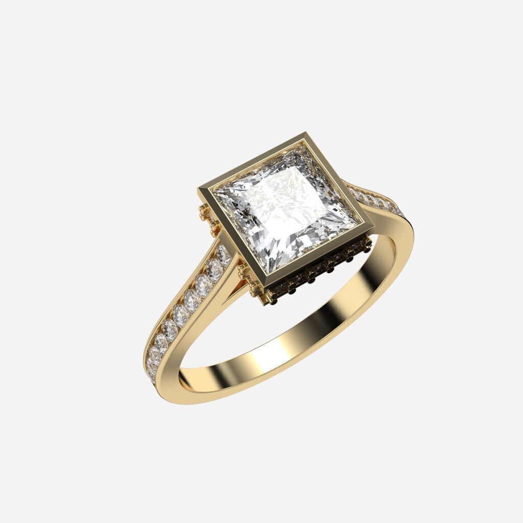 Princess Diamond Bezel Setting Solitaire Diamond Ring 3D print model_2