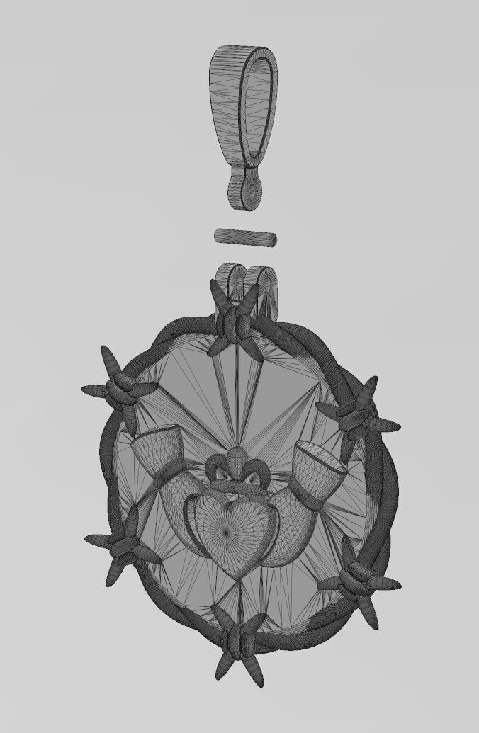 Barbwire Claddagh heart crown round pendant with bail 3D print model_13