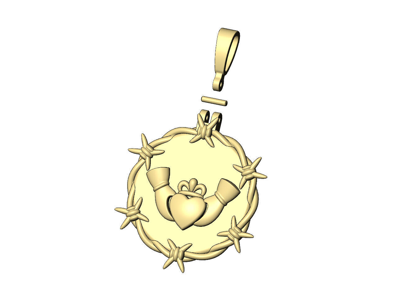 Barbwire Claddagh heart crown round pendant with bail 3D print model_5