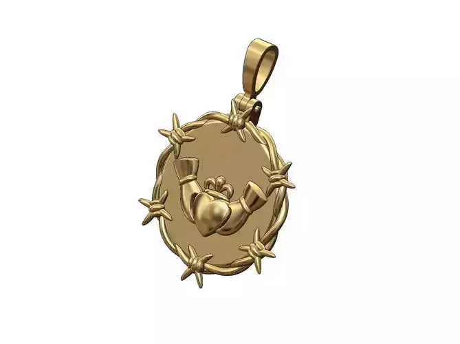 Barbwire Claddagh heart crown round pendant with bail 3D print model